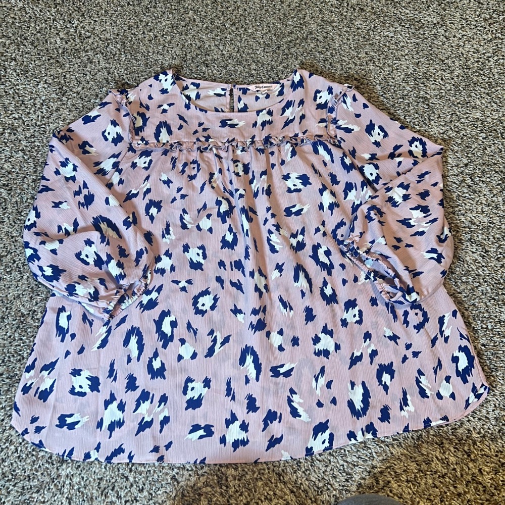 Juicy Couture Leopard Print Ruffle Neck Long Sleeve Blouse Women XL Pink Navy‎